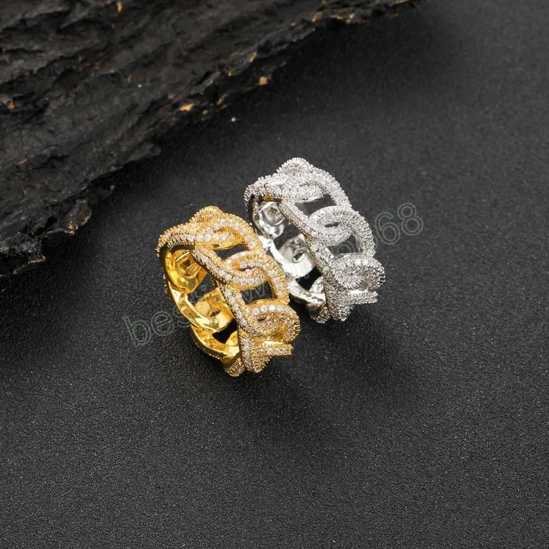 Luxury Stones Male Female Rings Gold Bling Hip Hop Zircon Ring Link Chain Exaggerated Street Artist Ring For Women Men