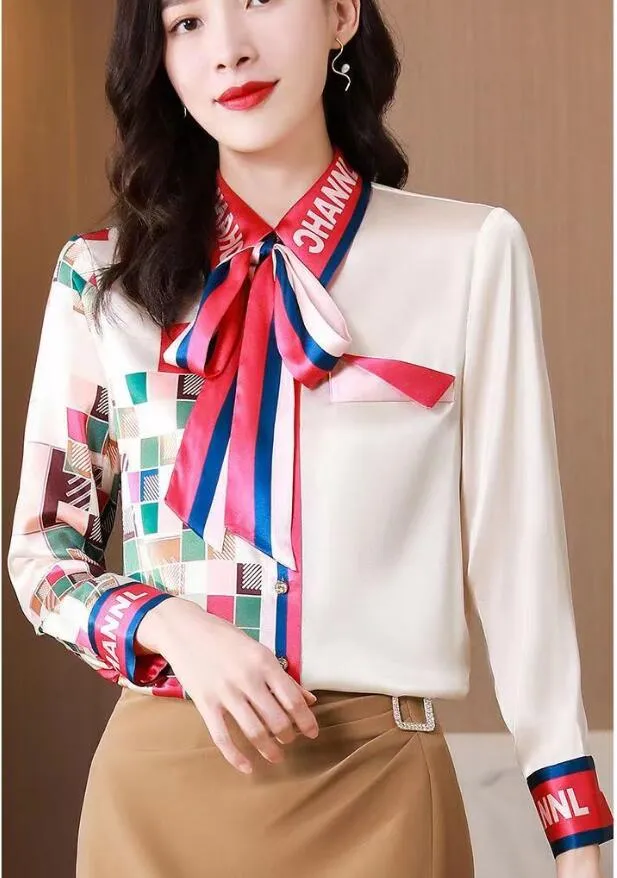 Women's Blouses Shirts Designer Gedrukte Runway Chiffon Shirts Mooie lange mouw Office Ladies Button Shirt