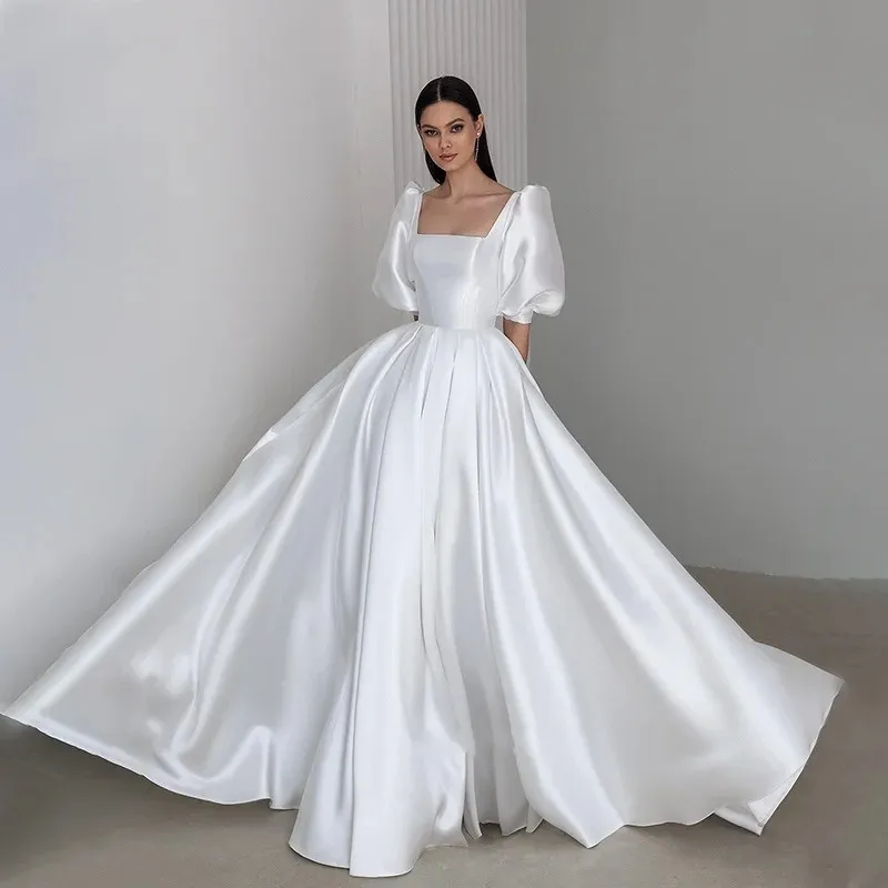 Princess A Line Satin Puffy Sleeve Wedding Dress Princess A Line Satin Puffy Sleeve Wedding Dress