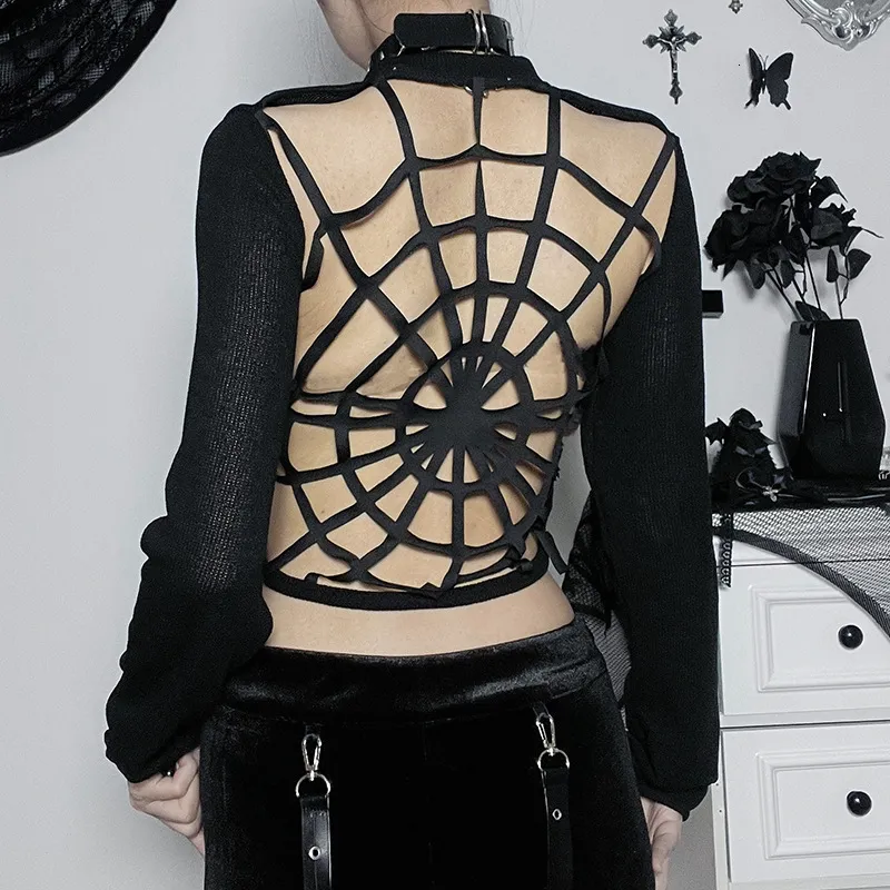 Womens Tshirt 2023 Gothic Retro Dark Round Neck Fairy mångsidig korta tshirts Harajuku Vintage Sexig Slim Back Spider Web Long Sleeve Tops 230406