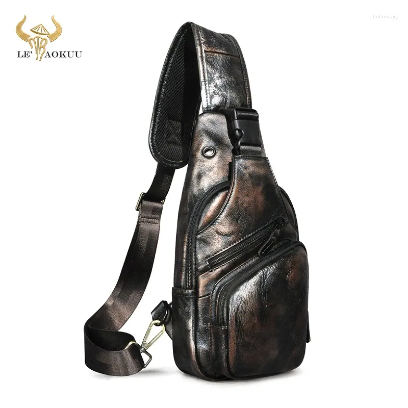 Bolsas de cintura Men Men Genuine Coffee Coffee Triângulo Triângulo Saco de Sling de 8 "Design de comprimidos One ombro Cross Body Male 8015