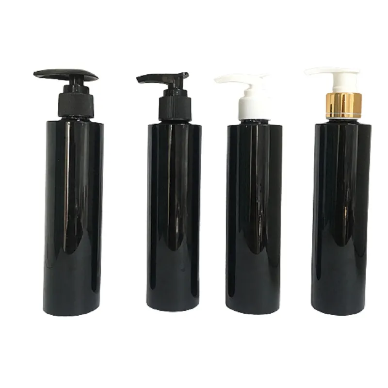 200 ml förpackning av plast svart flaska platt axel husdjur fyra färg lotion press pump bärbar påfyllningsbar förpackning container kosmetik