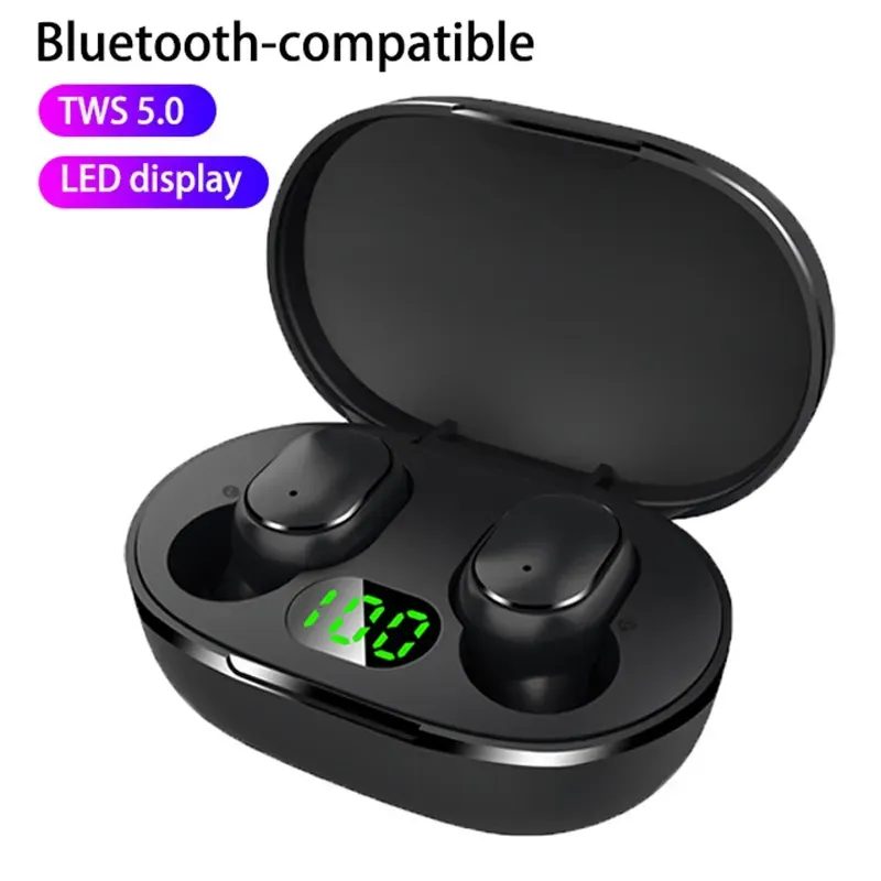 TWS E6S Bluetooth EARPHONES Trådlöst brusreducerande headset LED Display laddningsfodral hörlurar in-ear örnbud med mikrofon hörlurar för Xiaomi Redmi