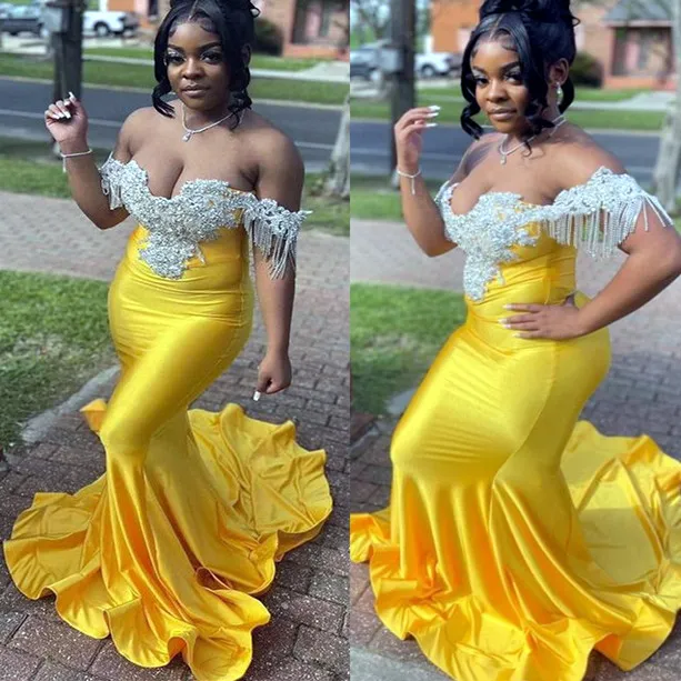 Yellow lace mermaid prom dress sale