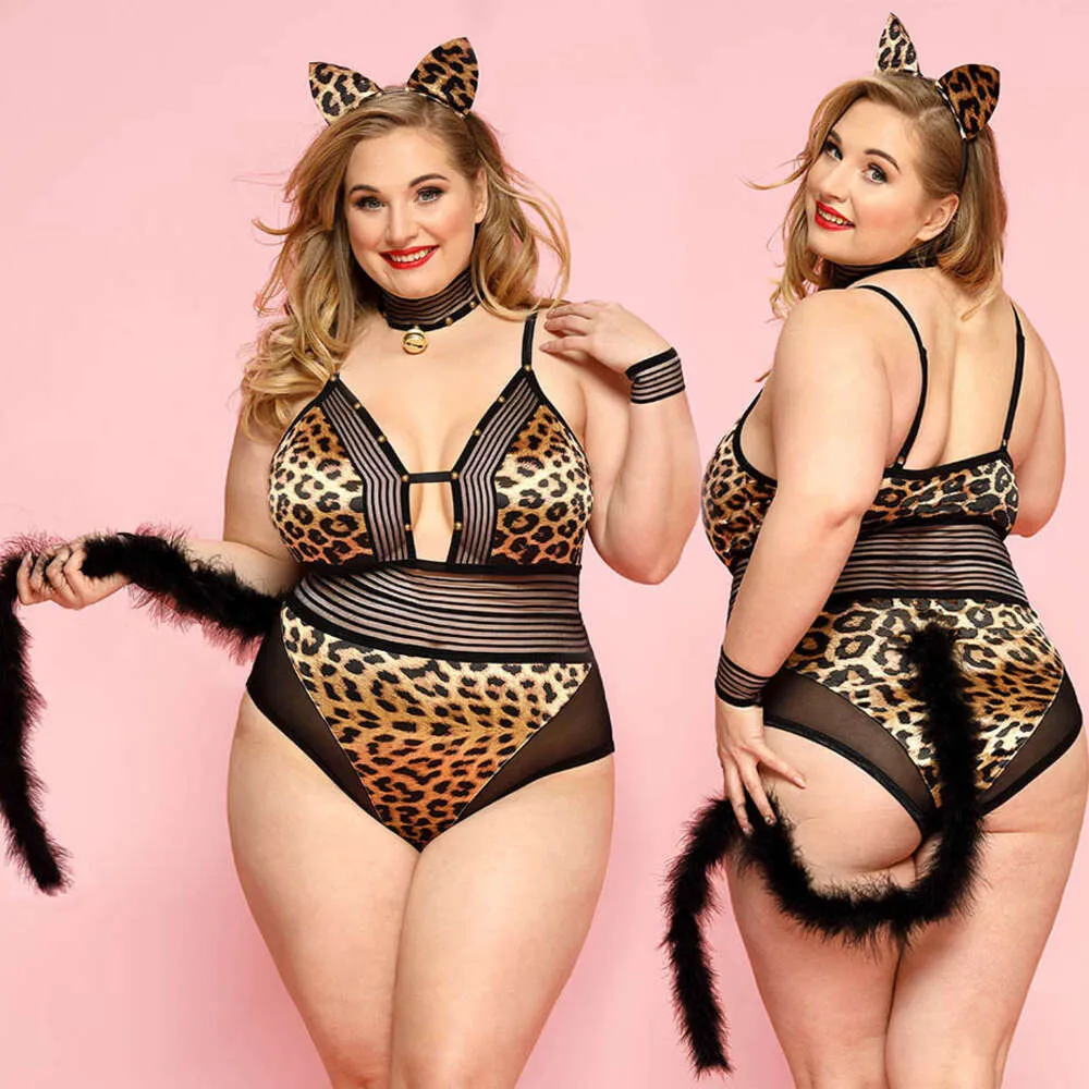 Sexy Cosplay Plus Size Cat Leopard Erotic Catsuit Bodysuit Lingerie Costumes Wexy Role Play Clubwear Outfits