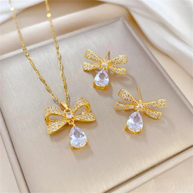 Naszyjniki Ustaw luksusowy moda bownot urok kryształowe naszyjniki łzy dla kobiet akcesoria panny młodej prezent ślubny