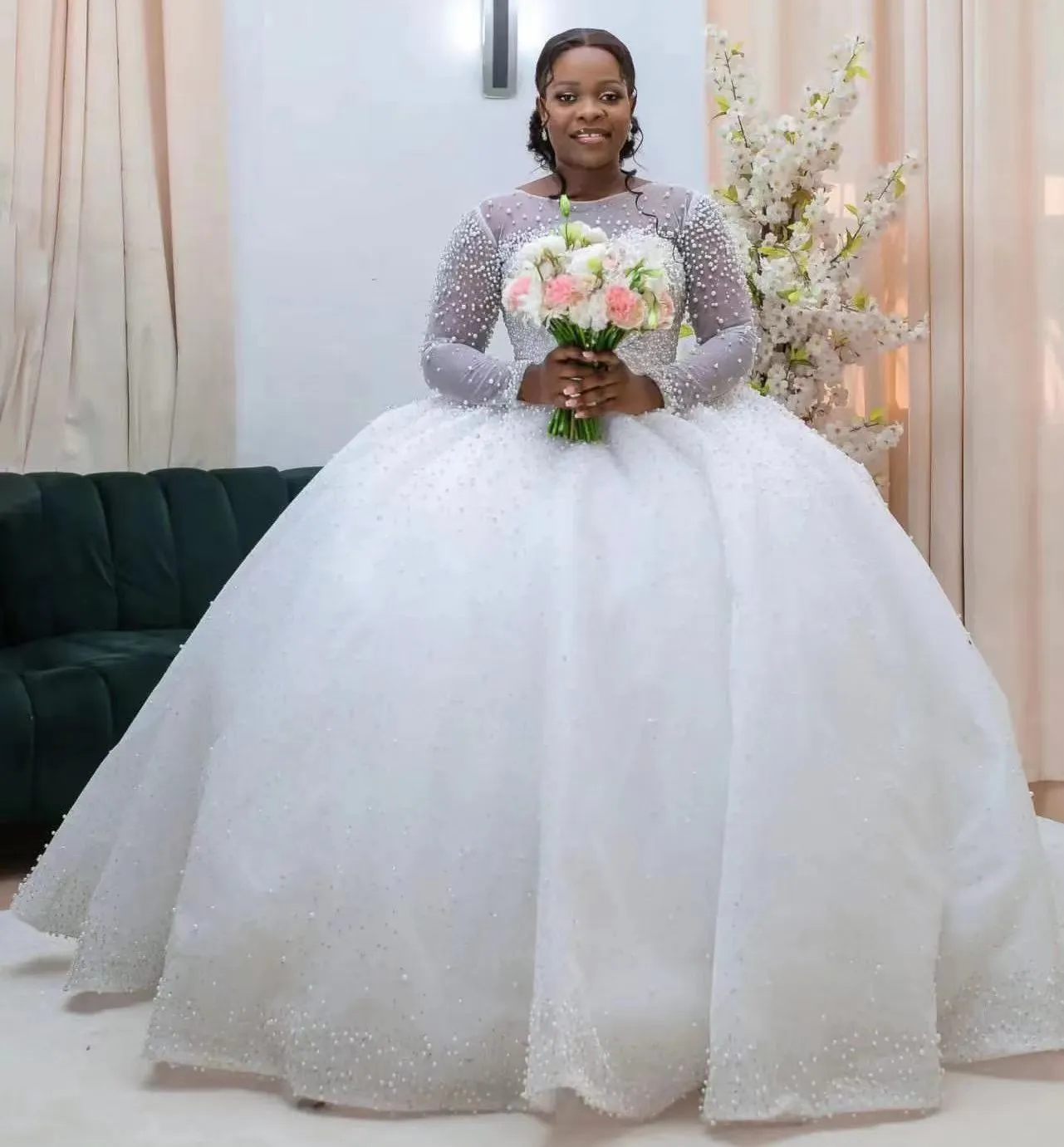 Luxury O Neck Sparkly Ballgown Wedding Dress With Beaded Pearls And Organza Lace Up Customizable African Bridal Gidal Dress 2024 From Donnaweddingdress17 263.4 DHgate.Com