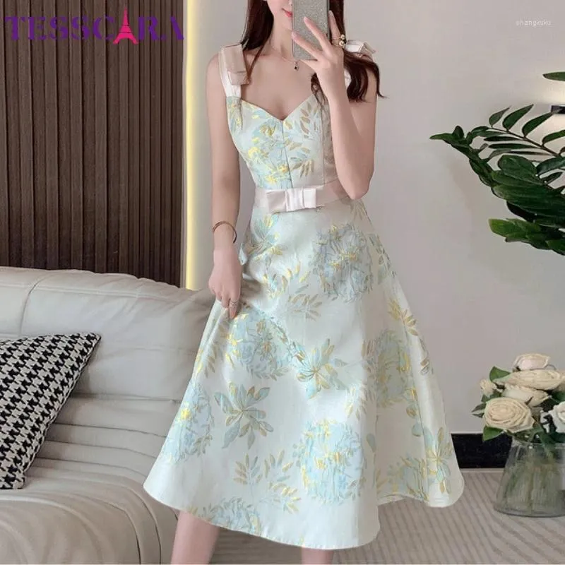 Casual Dresses Tesscara Women Summer Elegant Jacquard Dress Festa High Quality Wedding Cocktail Party Robe Vintage Designer Formell Vestidos