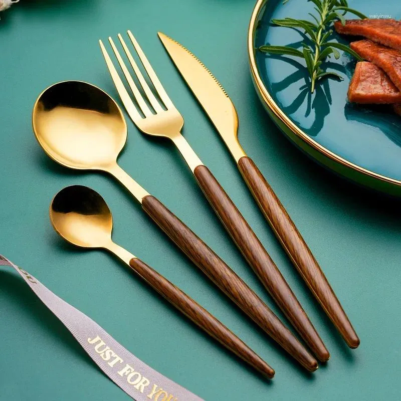 Dinnerware Sets Wholesale Portuguese Imitation Wooden Handle Stainless Steel Tableware Japanese Wood Grain Knife Fork Spoon Set Steak F