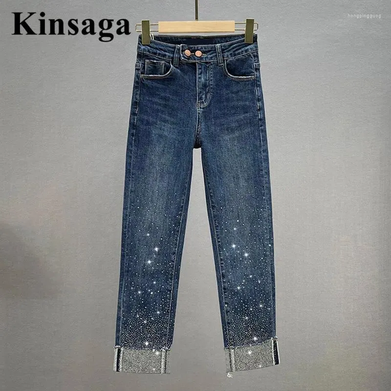 Jeans Femme Basic Paillettes Strass Femmes Slim Fit Taille Haute Forage Revers Neuvième Pantalon Droit Femme Longueur Cheville Demin Pantalon