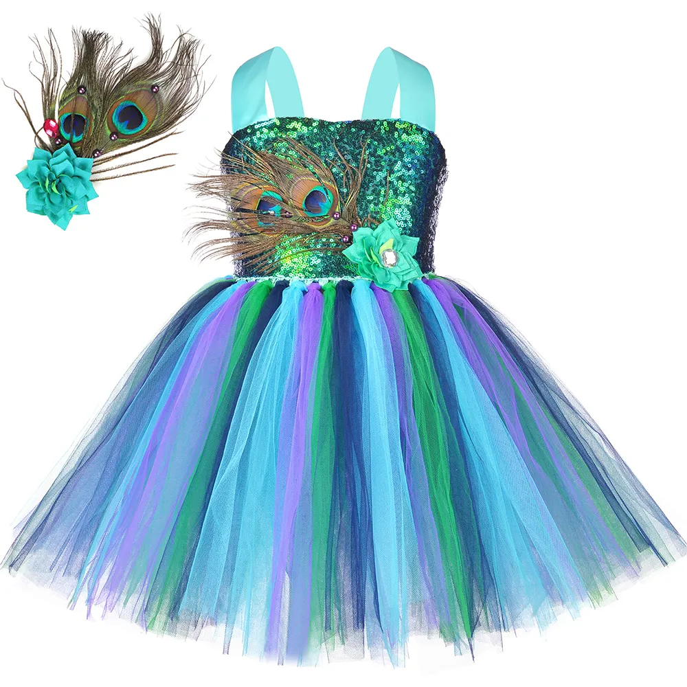 Cosplay Flower Feathers Girls Peacock Tutu Dress Kids Kids Tulle Princess pavão fantasia para meninas concurso de halloween festas de aniversário 230406