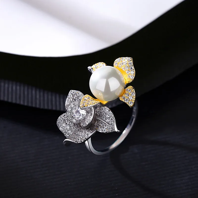 S925 Sterling Silver Ring Pearl Volledige diamantbloem Openring Europees Vintage Brand Exquise Ring Wedding Party Ring Sieraden Valentijnsdag Moederdag Gift SPC
