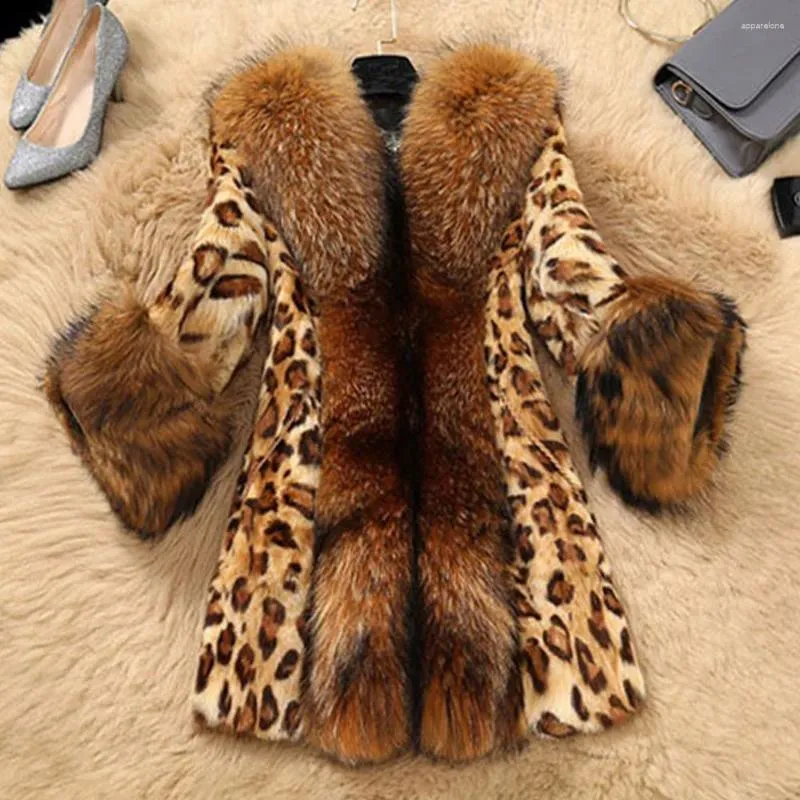 Pele feminina inverno falso leopardo impressão casaco moda cão de guaxinim quente feminino casacos de luxo solto manga longa elegante