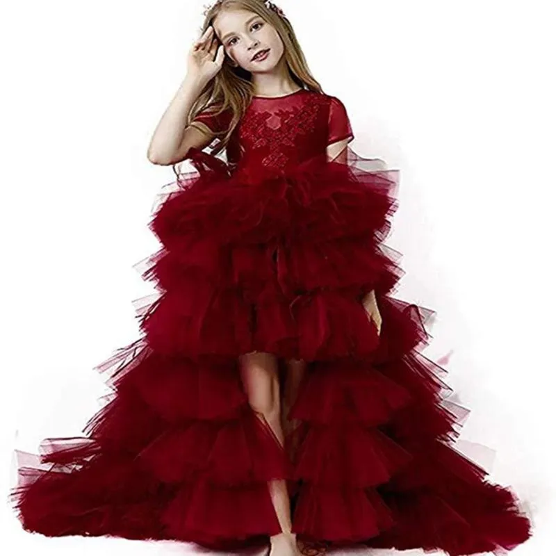 Girl Dresses Girl's Wine Red Birthday Party Bloem Tule Korte mouw Cascading Dress Little First Holy Communion Pageant