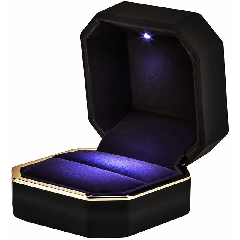 Jewelry Settings Double Ring Box Wedding Square Velvet Case Organizer Gift With Led Light For Proposal Engagement Porta Joias 230407