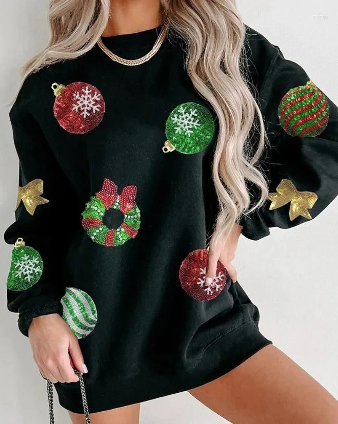 Hoodies femininos pulôver 2023 outono grinalda de natal bowknot padrão contraste lantejoulas moletom diário casual manga longa pullovers