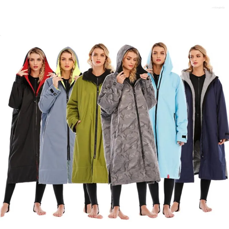 Women's Down Waterproof Surf Changing Robe Outdoor Surfing Pool Coat Lamb Wool Jacket Hooded Cloak Beach Lining Anorak Raincoat Unisex