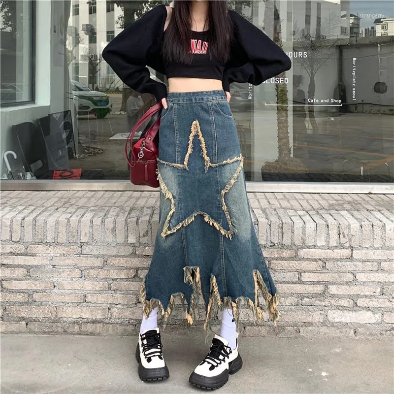 Etekler beş noktalı yıldız yama denim etek kadın püskül orta uzunlukta sokak kıyafeti gotik grunge kot pençen maksi yaz kadın y2k kıyafetler