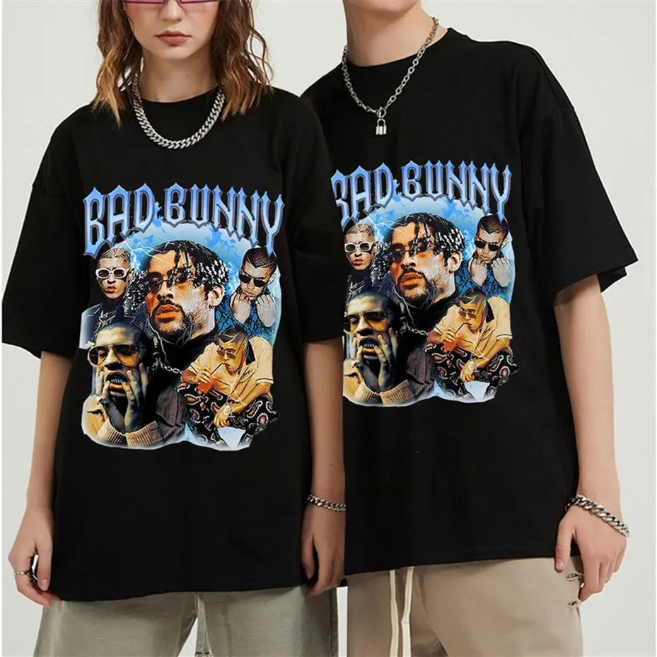 Homens Camisetas Hip Hop Bad Bunny Verão Manga Curta Camisetas Algodão Plus Size Oversize Tee Mulheres Mens Gráfico T Shirt254E