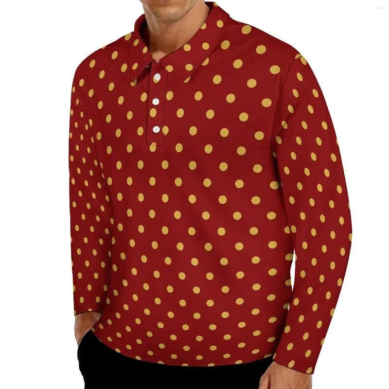 Herrpolos retro guld dot casual polo skjorta festliga polka prickar t-shirts långärmad design höst trender överdimensionerad topp födelsedagspresent