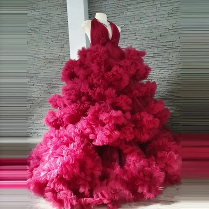 Zwangerschap prom gelegenheid jurkt weelderige ruches tulle fuchsia zwangere vrouwen op maat gemaakt donzige fotoshoot avondjurk gewaden