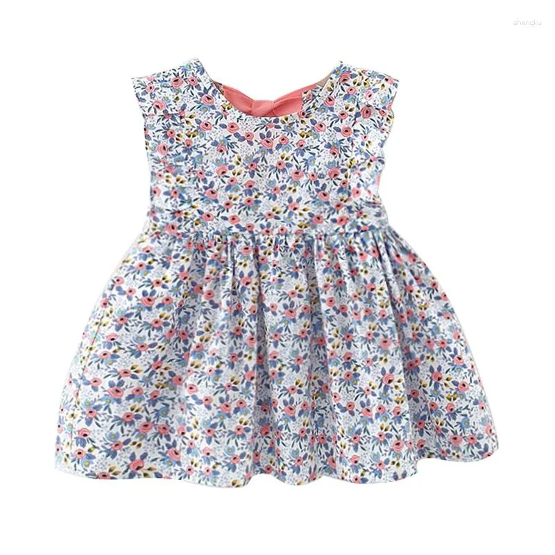 Meisje Jurken 2023 Zomer Geboren Baby Meisjes Boutique Outfits Koreaanse Mode Bloemen Leuke Strik Mouwloze Katoenen Prinses Jurk BC010-1