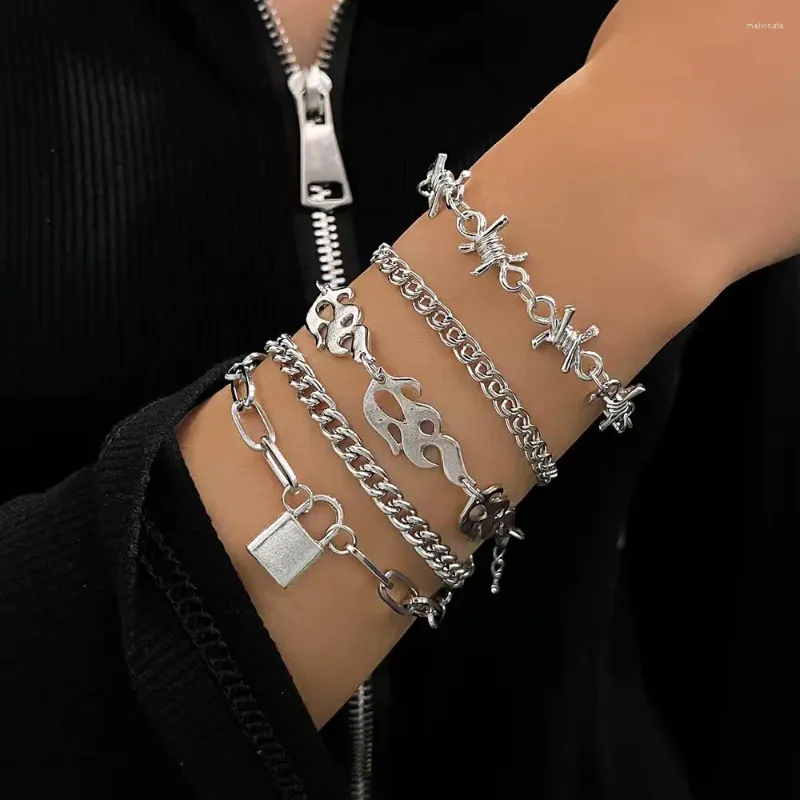 Link Bracelets Aprilwell 5Pcs Punk Flame Set For Women Silver Color Geometric Lock Thorns Grunge Cuff Cube Chain Anklet Jewelry Gifts