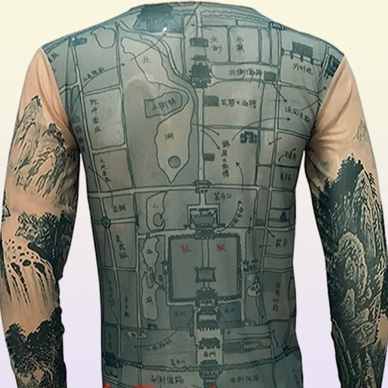 Moda Uomo039s Tatuaggi finti Magliette Manica lunga Elastico Modale Sottile All Over Stampa Oneck Tattoo Camicie Abbigliamento Halloween Larg7694457