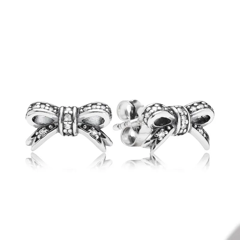 Orecchini a bottone con fiocco scintillante in vero argento sterling per Pandora CZ Diamond Wedding Designer Set di orecchini gioielli per le donne Fidanzata Orecchini regalo con scatola originale