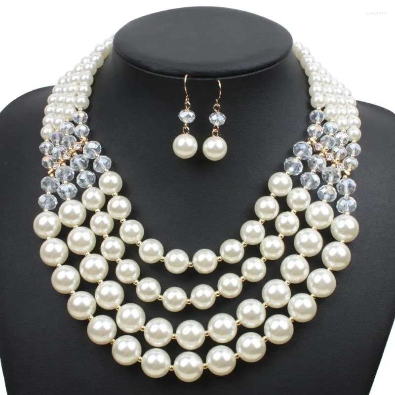 Halsband örhängen Set Fashion Womens Four-Layer Imitation Pearl Party Jewelry