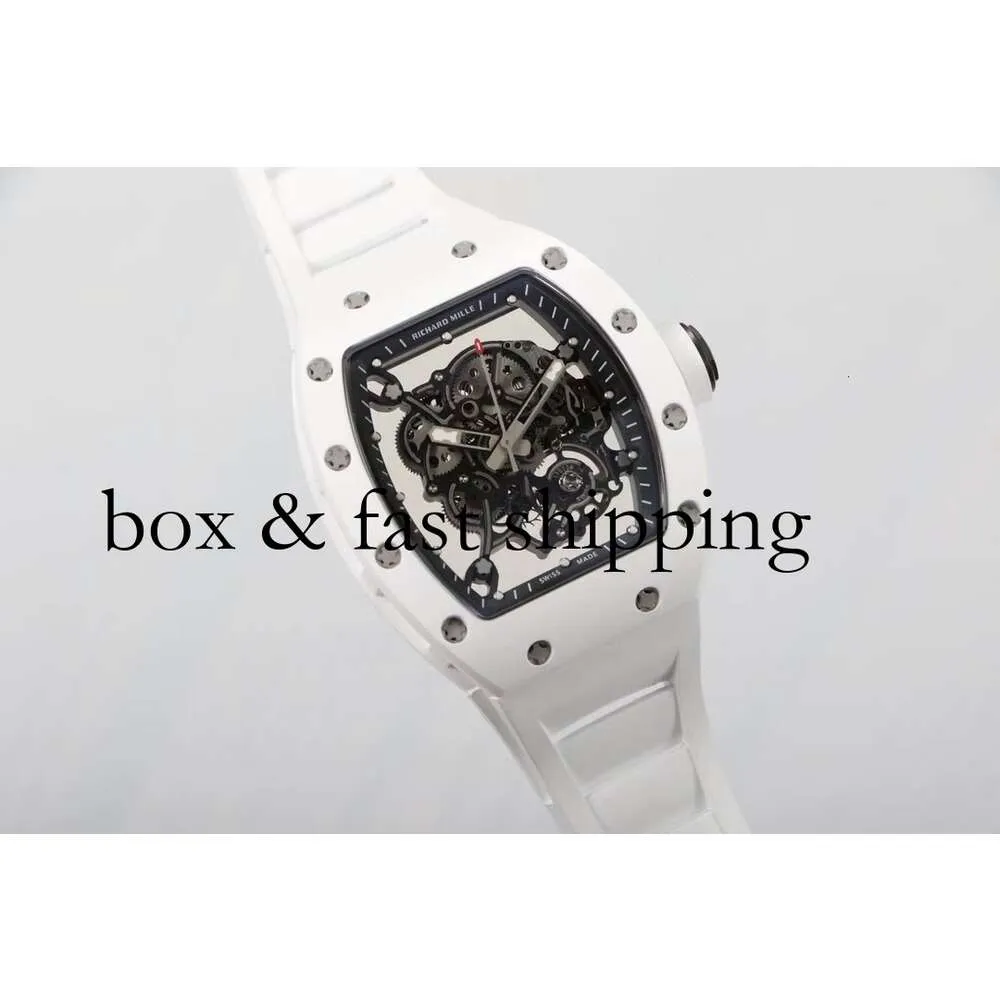 スーパークローンフライホイールウォッチリチャミルズ腕時計RM055ホワイトセラミック自動機械式透明なカーボンファイバーウォッチ144モントレスデフルス