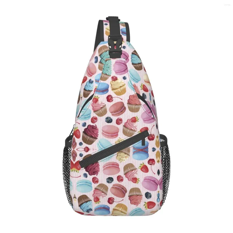 Mochila Yummy Sweets Macaroon Cupcakes Sling Peito Cruz Bolsa Escola Viagem Poliéster Casual Unissex Mini One Size