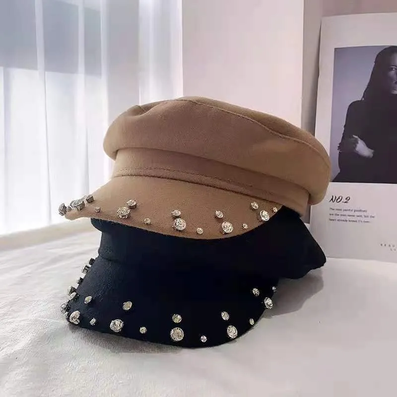 Berretti Autunno Inverno Strass Cappello blu scuro Cappello anatra da donna Ripristina antichi modi Cucire a mano Trapano Cappello ottagonale Berretti