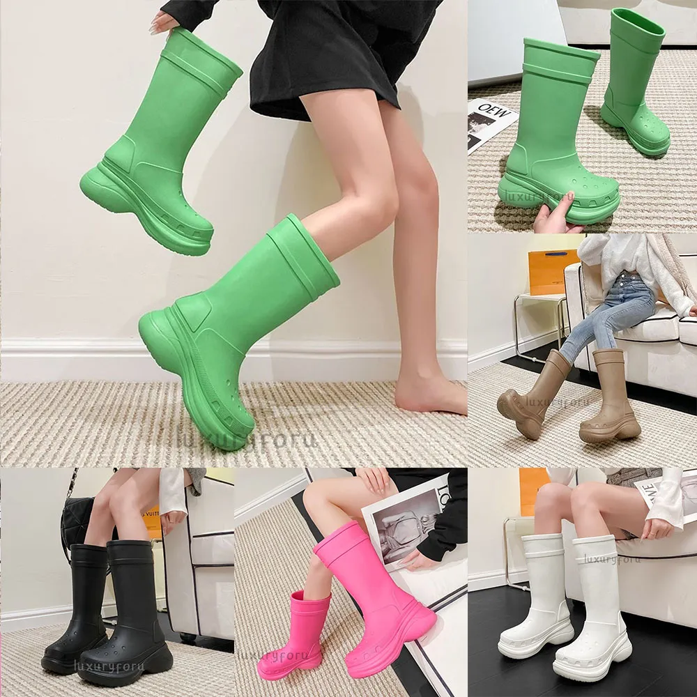 أعلى جودة مصمم أحذية التمهيد الطول مطاط رينغوت المطاط سميكة سميكة الشتاء شتاء Rainboots مضاد للانزلاق نصف اللون الوردي الأسود الأخضر في الهواء الطلق أحذية الأزياء الفاخرة