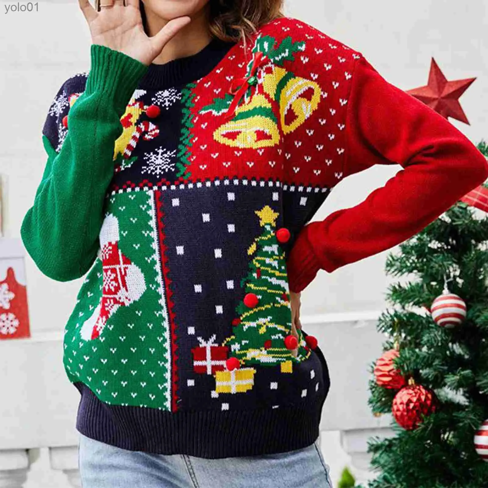 Maglioni da donna Fiocco di neve Modello albero di Natale Maglione stile natalizio Maglieria Maglione lungo all'uncinetto Pullover Girocollo casual Vestito da vacanzaL231107