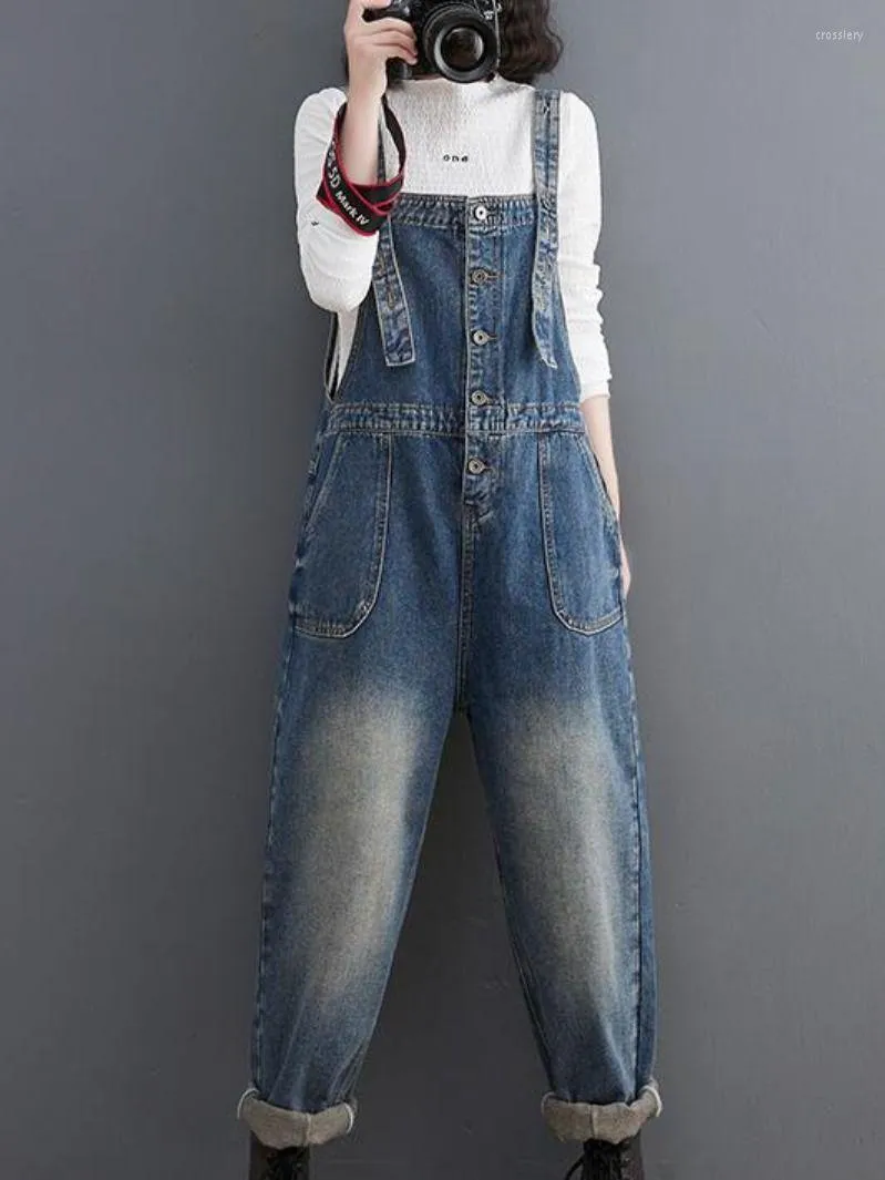 Jeans femme bleu ample Streetwear droit Denim bavoir pantalon femmes 2023 printemps et été Art Vintage combinaison poches cheville-longueur