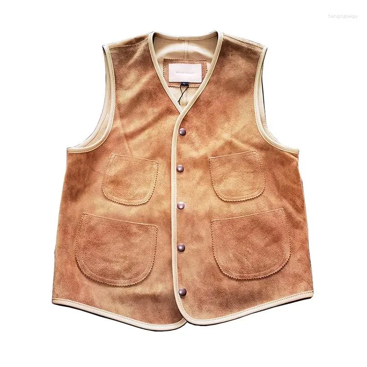 Gilets pour hommes japonais décontracté véritable gilet hommes peau de vache vintage veste sans manches plusieurs poches marron véritable gilet en cuir