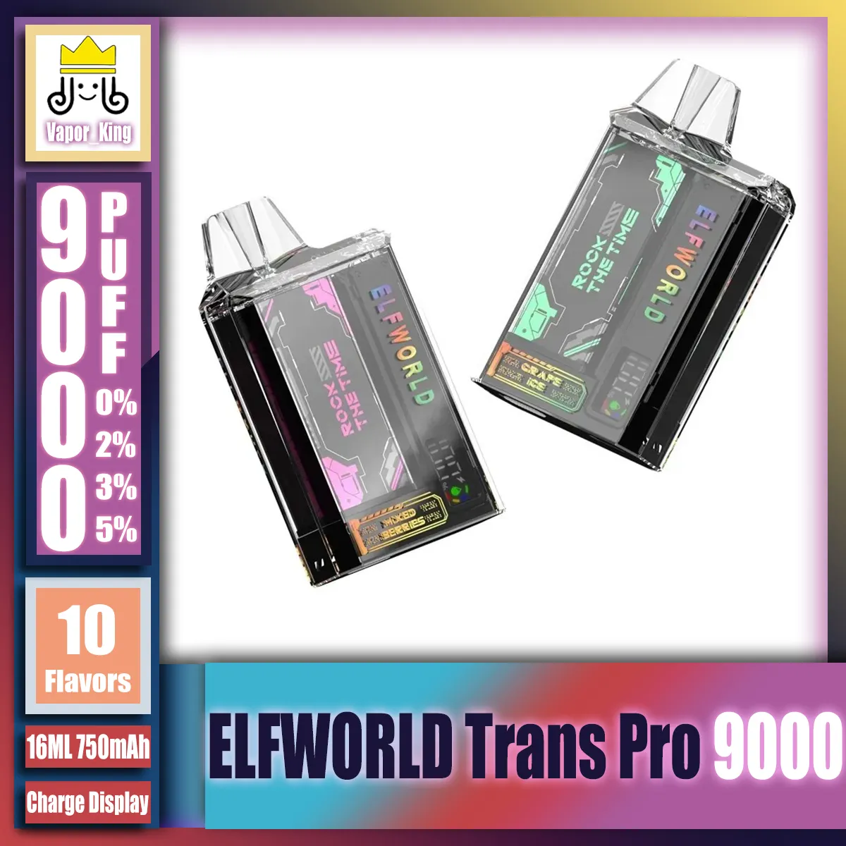 Original ELFWORLD TRANS PRO 9000 Puffs Crystal Shell With Charge Display Rechargeable Disposable E Cigarettes Vape Pen With 750mAh Battery 16ml Pre-filled Mesh Coil