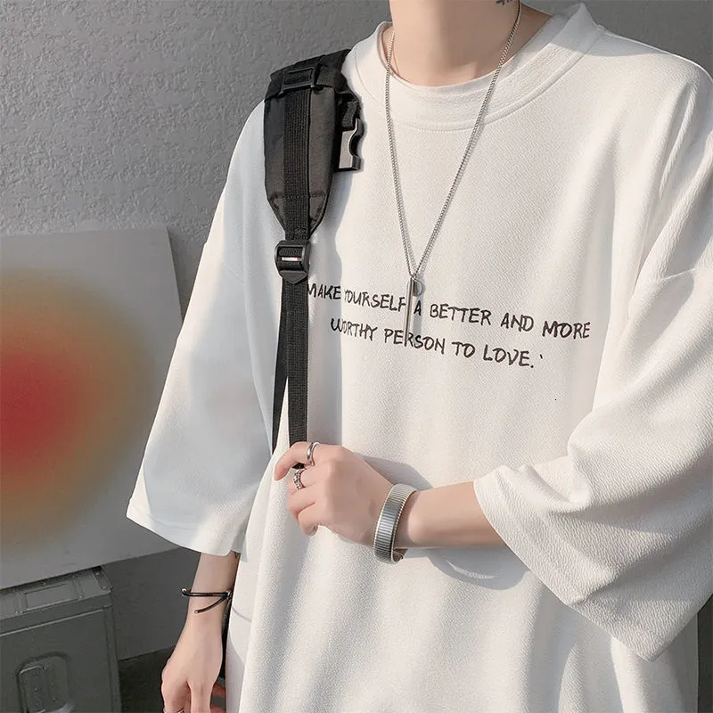 남성 티셔츠 하이브 스크러 남성 여름 빈티지 T 셔츠 편지 그래픽 하라주쿠 캐주얼 Tshirt 남성 대형 맨 티 3 쿼터 탑 230407