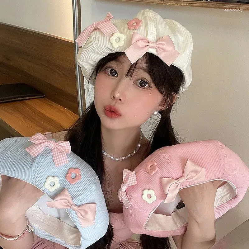 ベレー帽新鮮な甘い女の子ショー顔の小さな通気性のある汎用ピンクの弓のベレットクラウドオクタゴンキャップ日本語Y2K