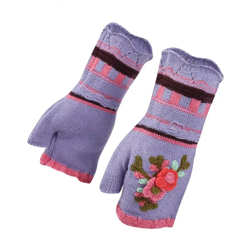 Cinq doigts gants femmes filles hiver chaud tricoté broderie mitaines sans doigts épais laine Femael mode 15 couleurs