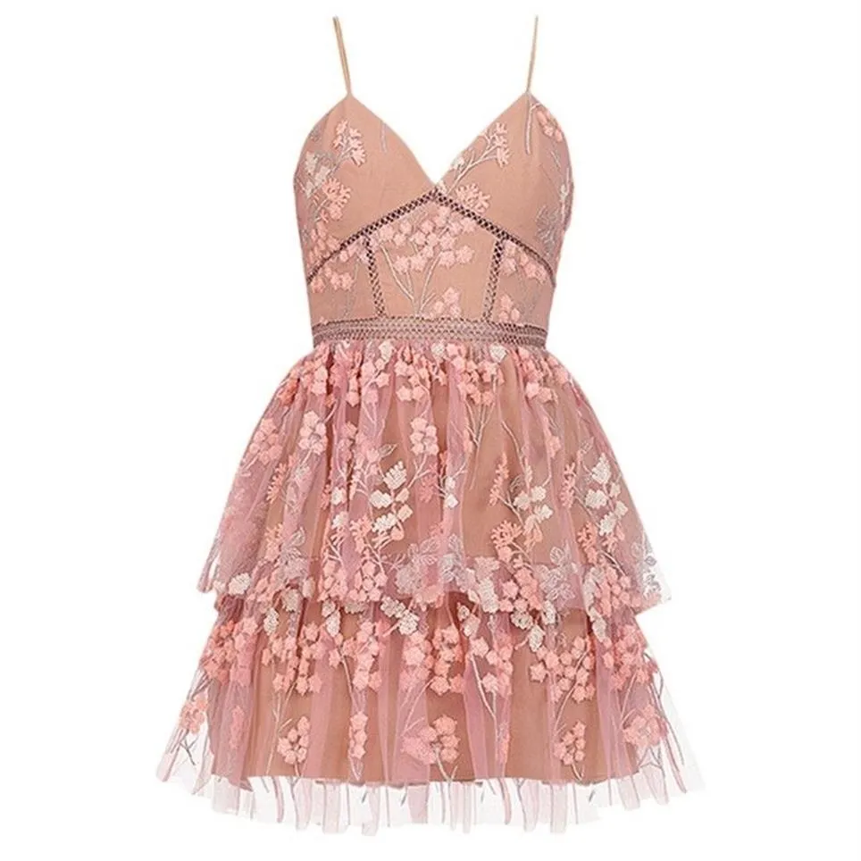 Розовое кружевное платье с цветочным декором, мини-женское мини-платье на тонких бретельках с открытой спиной, многослойное сетчатое платье 210525240S