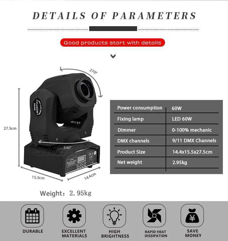 60W LED Moving Head Spot Light - DMX Control, Gobo/Pattern Rotation ...