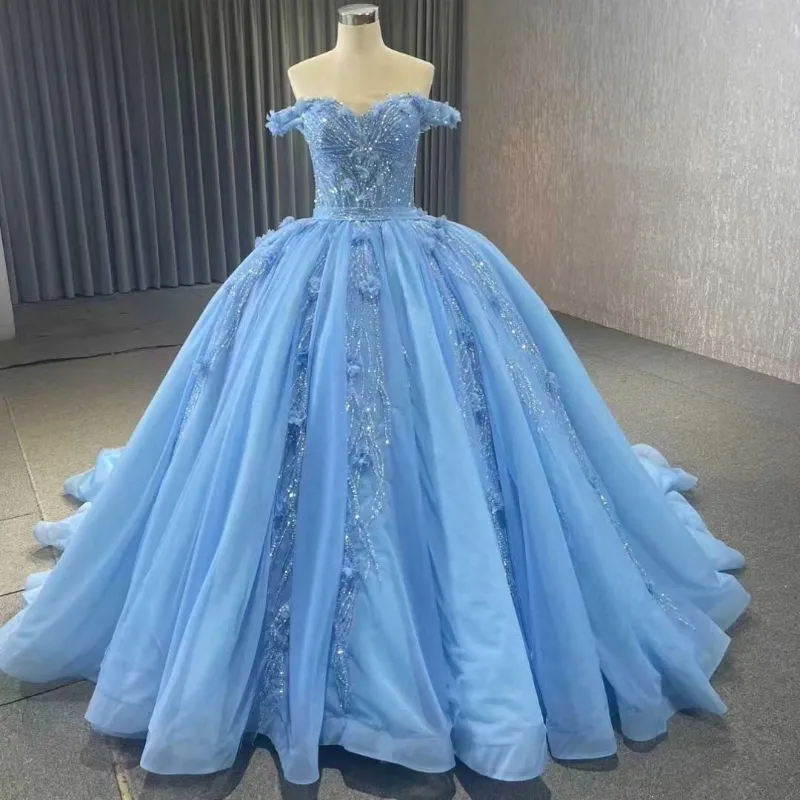 Sky Blauwe lieverd prinses Quinceanera jurken baljurk 2024 kanten bloem kralen zoet 16 jurk Vestidos de 15 anos