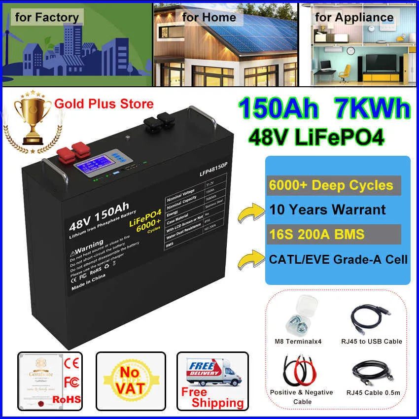 Batterie 48V LiFePO4 200Ah 100Ah 150Ah 16S 51.2V 10KWh BMS 200A intégré RS485 CAN Max 32 parallèles 6000 Cycles profonds