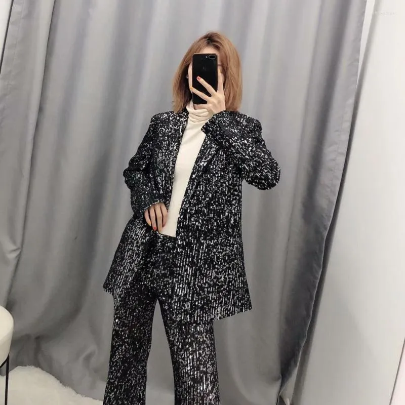 Women's Two Piece Pants Cakucool Ladies Suit Women Shiny Black Silver Sequined Blazer And Set Party Ceremony Chic Pieces Terno Feminino
