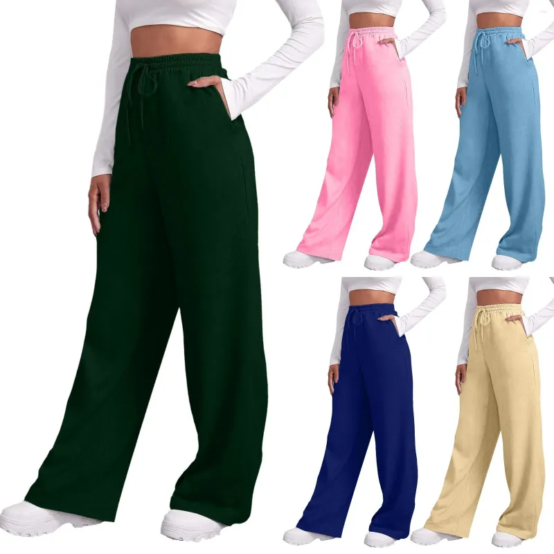 Calças femininas Mulheres Fleece Forrado Sweatpants Plain Larga Reta Perna Bottom Joggers Jersey Bolso Streetwear