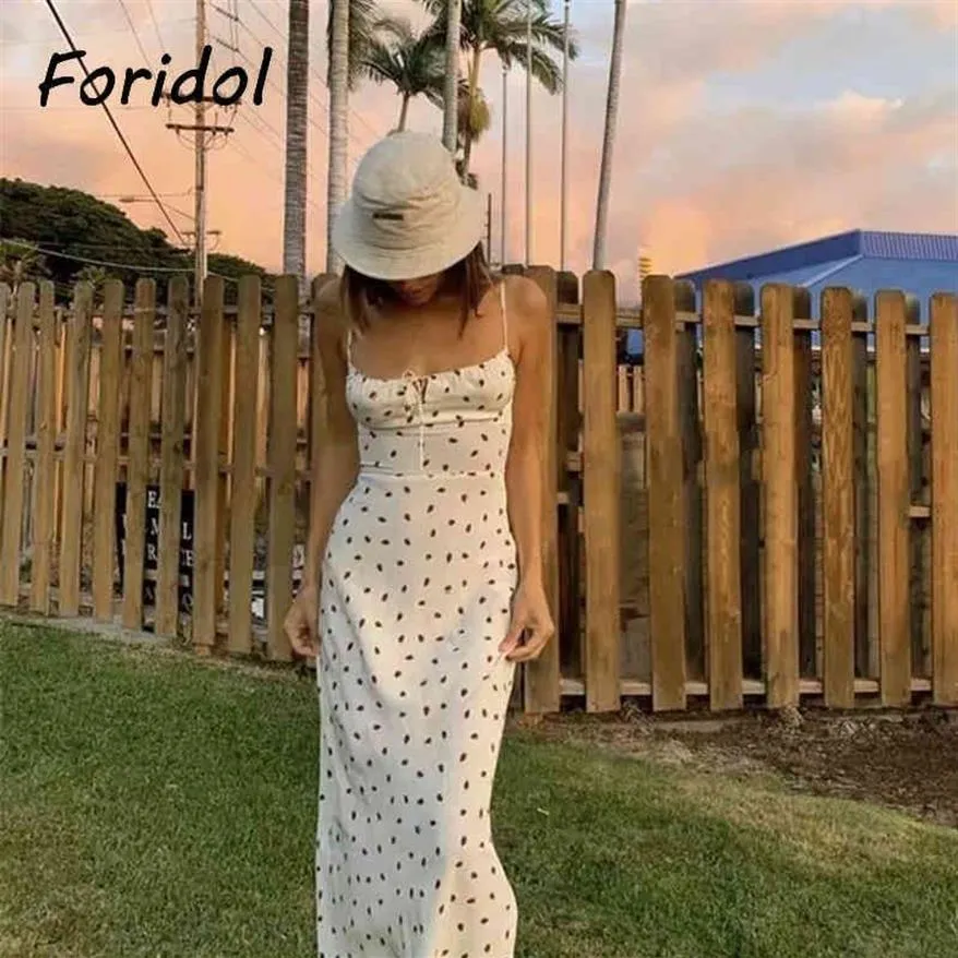 Foridol Abito lungo in chiffon bianco con stampa fragola Donna con cinturino per spaghetti Abito lungo estivo da spiaggia Boho vintage senza maniche X266r