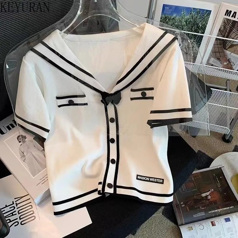 Suéteres de mujer estilo preppy suéter de punto fino mujeres 2023 verano colorblock marinero cuello rayado manga corta prendas de punto tops jumper fema