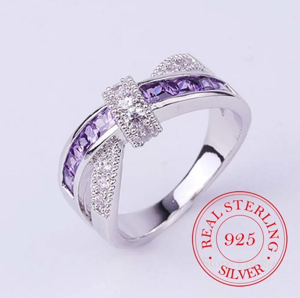 Solitaire Ring 100 925 Sterling Silver Jewelry Vintage Purple Crystal Couple S Wedding Rings for Women Män mode Anel de Prata Bijoux 230407